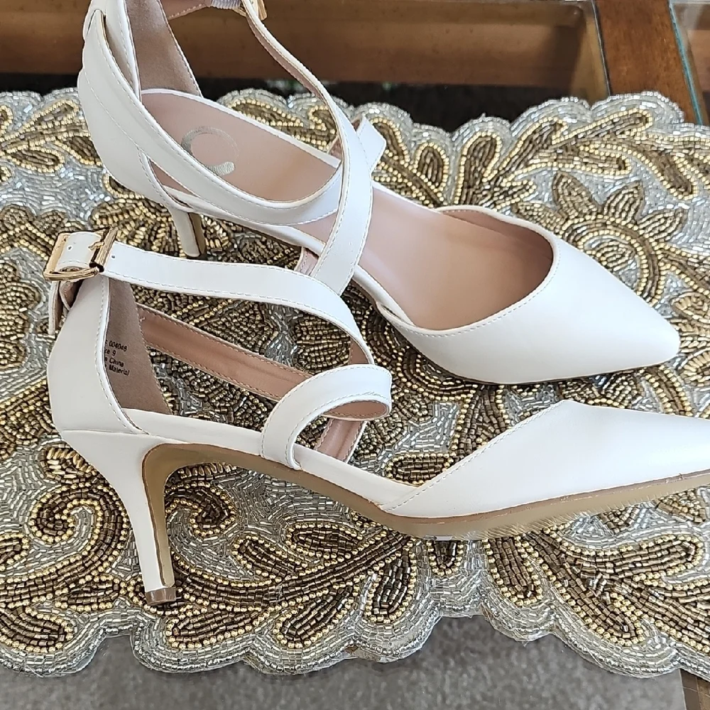 Journee Collection Cream Ankle Strap Heels